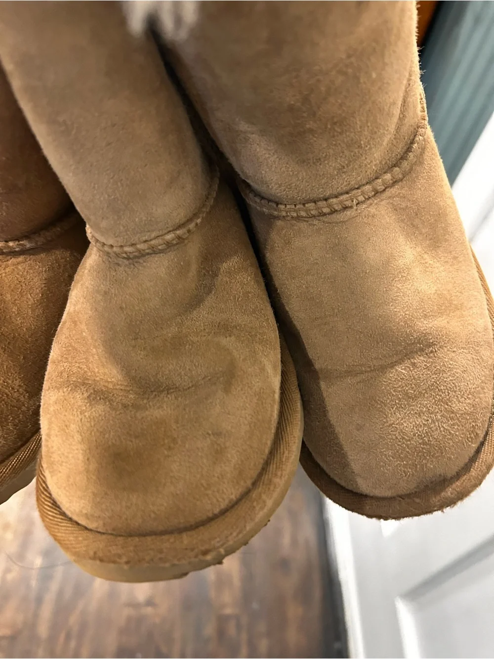 2 pair UGG Chestnut Satin Bow Back Shearling Booties, TWINS, Sz 11, excellent